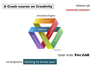 A Crash course on Creativity                           Venture Lab
                                               STANDFORD UNIVERSITY




                                          TEAM 14789: Two2all

 1st Assignment:   Getting to know you!
 