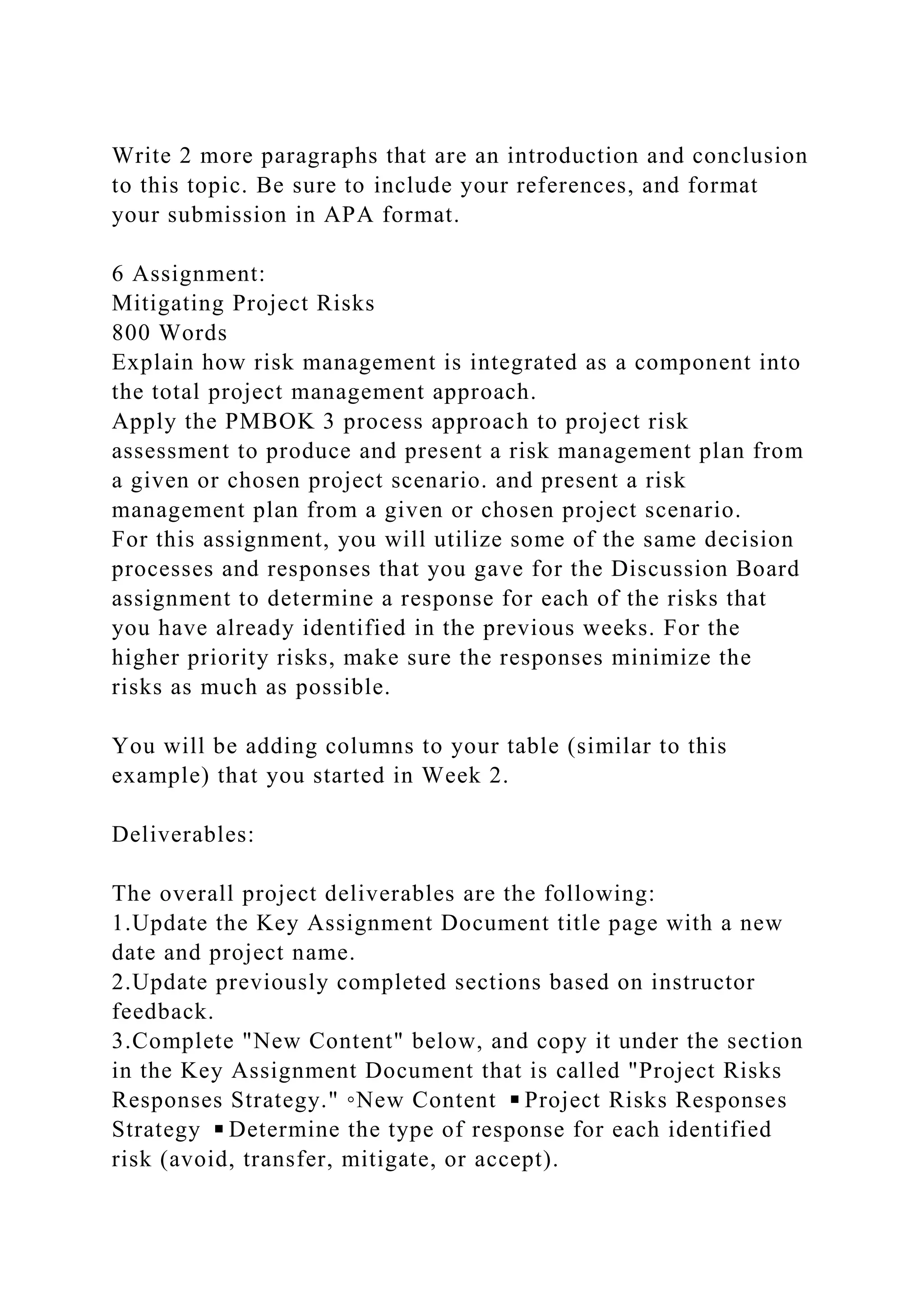 1 Assignment Objectives Introduction to Project Risk Managemen.docx