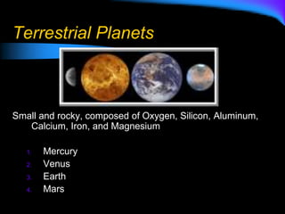 Terrestrial Planets
Small and rocky, composed of Oxygen, Silicon, Aluminum,
Calcium, Iron, and Magnesium
1. Mercury
2. Venus
3. Earth
4. Mars
 