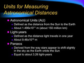 Units for Measuring
Astronomical Distances
 Astronomical Units (AU)
 Defined as the distance from the Sun to the Earth
 About 1.496x1011 m (about 150 million km)
 Light-years
 Defined as the distance light travels in one year
 About 9.46x1015 m
 Parsecs
 Derived from the way stars appear to shift slightly
in the sky as the Earth orbits the Sun
 Equal to about 3.26 light-years
 