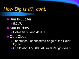 How Big Is It?, cont.
 Sun to Jupiter
 5.2 AU
 Sun to Pluto
 Between 30 and 49 AU
 Oort Cloud
 Theoretical, unobserved edge of the Solar
System
 Out to about 50,000 AU (= 0.79 light-year)
 