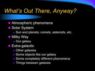 What’s Out There, Anyway?
 Atmospheric phenomena
 Solar System
 Sun and planets; comets, asteroids, etc.
 Milky Way
 Our galaxy
 Extra-galactic
 Other galaxies
 Some objects like our galaxy
 Some completely different phenomena
 Things between galaxies
 
