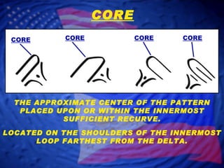 CORE THE APPROXIMATE CENTER OF THE PATTERN PLACED UPON OR WITHIN THE INNERMOST SUFFICIENT RECURVE. LOCATED ON THE SHOULDERS OF THE INNERMOST LOOP FARTHEST FROM THE DELTA. CORE CORE CORE CORE 