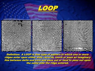 LOOPDefinition:  A LOOP is that type of pattern in which one or more ridges enter upon either side, recurve, touch or pass an imaginary line between delta and core and pass out or tend to pass out upon the same side the ridge entered.