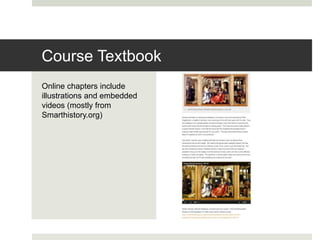 Online chapters include
illustrations and embedded
videos (mostly from
Smarthistory.org)
Course Textbook
 