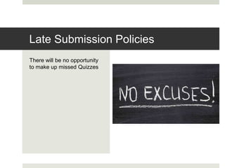 There will be no opportunity
to make up missed Quizzes
Late Submission Policies
 