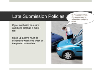 If you must miss an exam,
call me to arrange a make-
up!
Make-up Exams must be
scheduled within one week of
the posted exam date
Late Submission Policies
Hi Professor, I think
I’m gonna need to
schedule a make-up
exam . . . .
 