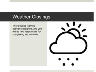 There will be learning
activities assigned, and you
will be held responsible for
completing the activities
Weather Closings
 