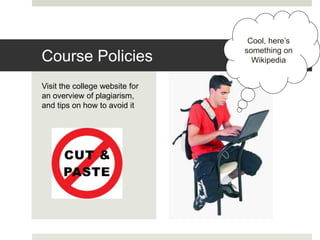 Visit the college website for
an overview of plagiarism,
and tips on how to avoid it
Course Policies
Cool, here’s
something on
Wikipedia
 