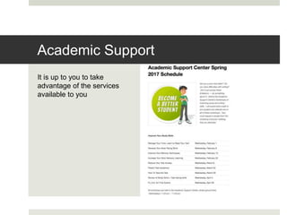 It is up to you to take
advantage of the services
available to you
Academic Support
 