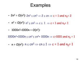 19
Examples
– 2n2 = O(n3):
– n2 = O(n2):
– 1000n2+1000n = O(n2):
– n = O(n2):
2n2 ≤ cn3  2 ≤ cn  c = 1 and n0= 2
n2 ≤ cn2  c ≥ 1  c = 1 and n0= 1
1000n2+1000n ≤ cn2 ≤ cn2+ 1000n  c=1001 and n0 = 1
n ≤ cn2  cn ≥ 1  c = 1 and n0= 1
 