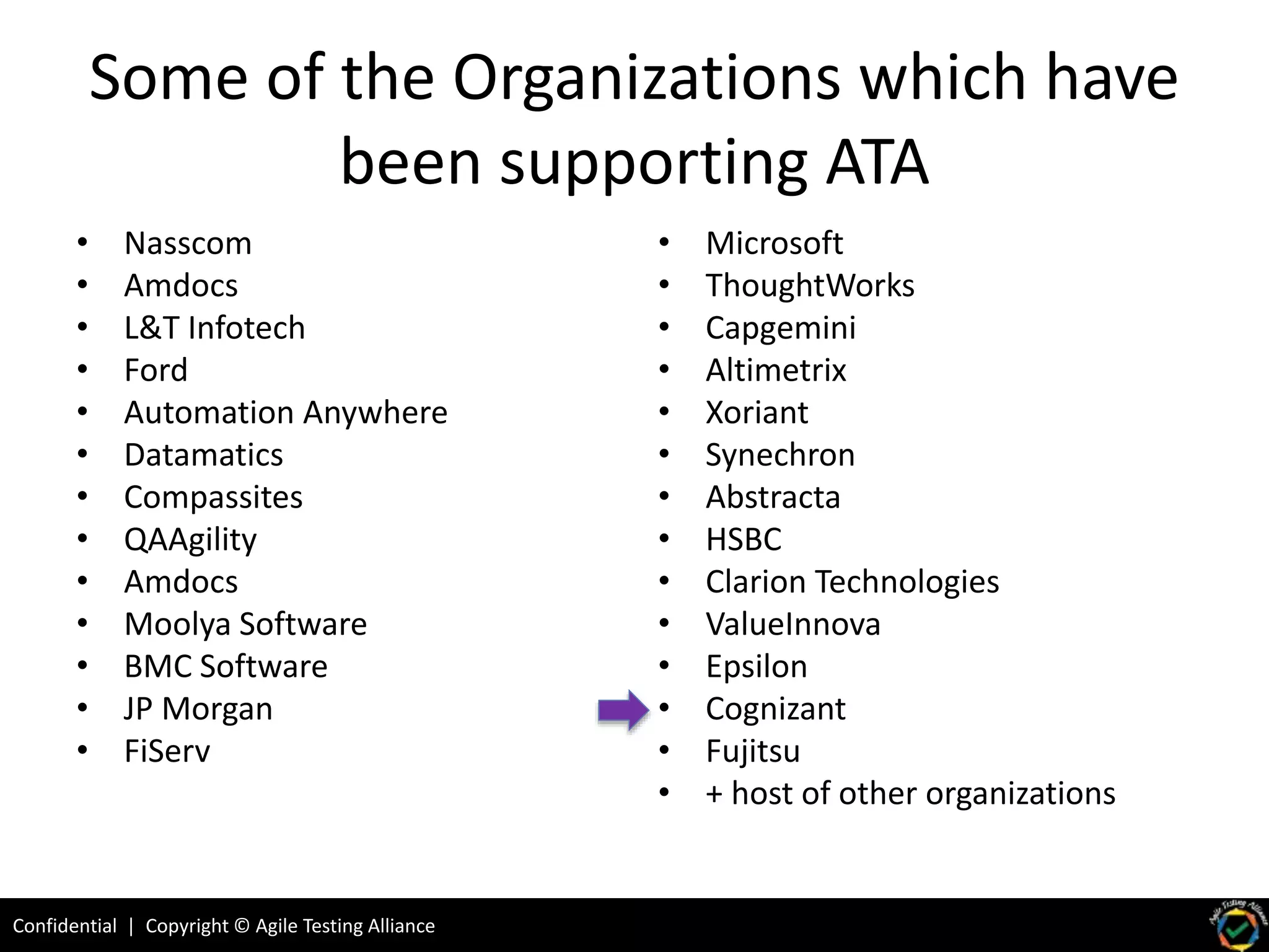 Confidential | Copyright © Agile Testing Alliance
Some of the Organizations which have
been supporting ATA
• Nasscom
• Amdocs
• L&T Infotech
• Ford
• Automation Anywhere
• Datamatics
• Compassites
• QAAgility
• Amdocs
• Moolya Software
• BMC Software
• JP Morgan
• FiServ
• Microsoft
• ThoughtWorks
• Capgemini
• Altimetrix
• Xoriant
• Synechron
• Abstracta
• HSBC
• Clarion Technologies
• ValueInnova
• Epsilon
• Cognizant
• Fujitsu
• + host of other organizations
 
