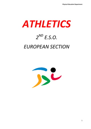 ATHLETICS 2ND E.S.O. EUROPEAN SECTION Index: TOC  
1-3
    1.INTRODUCTION PAGEREF _Toc241320742  32.STARTING BLOCK PAGEREF _Toc241320743  33.SHORT DISTANCE RACES PAGEREF _Toc241320744  44.MIDDLE DISTANCE RACES PAGEREF _Toc241320745  45.LONG DISTANCE RACES PAGEREF _Toc241320746  46.RELAY PAGEREF _Toc241320747  57.HURDLES PAGEREF _Toc241320748  5Road Events PAGEREF _Toc241320749  61.MARATHON PAGEREF _Toc241320750  62.RACEWALKING PAGEREF _Toc241320751  6Field events PAGEREF _Toc241320752  71.JUMPING EVENTS PAGEREF _Toc241320753  71.1.High Jump PAGEREF _Toc241320754  71.2.Long Jump PAGEREF _Toc241320755  71.3.Triple Jump PAGEREF _Toc241320756  71.4.Pole Vault PAGEREF _Toc241320757  82.THROWING EVENTS PAGEREF _Toc241320758  82.1.Hammer PAGEREF _Toc241320759  82.2.Discus PAGEREF _Toc241320760  82.3.Javelin PAGEREF _Toc241320761  82.4.Shot Put PAGEREF _Toc241320762  9Mixed Events PAGEREF _Toc241320763  91.HEPTATHLON PAGEREF _Toc241320764  92.DECATHLON PAGEREF _Toc241320765  10 Track Events  INTRODUCTION Running events up to 10000m in distance are conducted on a 400 m track which is outdoors during summer competition and indoors during the winter. The track is made with a rubber surface to improve grip and lessen the risk of slipping in poor weather conditions. The track is an elongated oval shape, consisting of a semi-circle at either end and two straight segments joining the semi-circles together.  233045494030The track is split into six to ten lanes which circle around an inner field used for throwing and jumping events. Each runner is allocated a lane at the beginning of the race, with starting blocks marking the beginning of the race, although whether athletes are required to stay in lane for the duration of the race, depends on the distance being run.  The winner of all races conducted on the track is the first person whose torso crosses the finishing line. If hands, legs, head or feet cross the line before another contestant’s torso a win is not counted. A runner is disqualified from a race if they make two false starts, which are counted if they leave the starting blocks before the starting gun is fired. Running events on the track are split into different categories, distinguished by the distance being run. The categories are: short distance races, middle distance races and long distance races. STARTING BLOCK Device made up of two adjustable pedals that allow sprinters to give themselves momentum during a start.  SHORT DISTANCE RACES For the shortest running races, contestants must stay in lane at all times and will be disqualified if they change lanes. The short distance races consist of: 100 m - The shortest running event in athletics, the 100 m sprint requires the athlete to start well, leaving the blocks with immense power and speed.  200 m - As with the 100 m, the 200 m requires instant acceleration but it also needs stamina to maintain the speed for the duration of the race.  400 m - The distance of one circuit around the track, the 400 m requires the athlete to have a good powerful start whilst maintaining enough stamina and energy to make a sprinting finish at the end of the race.  600 m (this is only included in Indoor Athletics competitions) - Sometimes considered a middle distance race, this is often raced by 400 m athletes to improve endurance or by 800 m athletes to improve speed.  MIDDLE DISTANCE RACES The middle distance races consist of: 800 m - This consists of two circuits around the track, requiring the athlete to demonstrate good speed combined with endurance. In the 800 m the runner is required to stay in their allocated lane until the first curve of the track, when they are then allowed to change lanes, although if a runner deliberately obstructs another contestant they risk being disqualified from the competition.  1500 m - Also known as the metric mile, the 1500m race requires athletes to run 3.75 times around the track. It requires endurance in order that contestants maintain speed and have enough energy to make a final push to the finish line. Unlike the 800 m, runners can change lanes as soon as the race has started, although like all races, a contestant will be disqualified if they deliberately obstruct another runner.  LONG DISTANCE RACES The long distance races consist of: 3000 m - A distance that is often run by runners who are comfortable at both 1500m and 5000m. Many see it as a hybrid event between middle and long distances and is characterised by fast finishes.  3000 m Steeplechase - Originating from a British event where runners raced between towns, from one church steeple to the next, the Steeplechase is a 3000 m race in which contestants run around the track encountering various obstacles over the course of the race. The obstacles consist of twenty eight different barriers and seven water jumps which are situated at different points on the track.  5000 m - Requiring extreme endurance and aerobic training the 5000 m requires athletes to run 12.5 times around the track. Unlike the short distance races, stamina is much more important than speed and athletes begin the race steadily in order to conserve energy for the duration of the race.  10000 m - The longest track event in athletics competition, the 10000 m requires intense training sessions in order that the athlete can build up the stamina and mental determination necessary to run the required 25 times around the track.  RELAY 233045447675The relay most commonly consists of 4 x 100 m sprint with four runners each completing one leg of the race. Contestants are allowed to change lanes in relay events, with the exception of the first runner who will be disqualified if they do not stay in lane. Athletic rules stipulate that contestants must pass a baton to the next runner on completion of their own leg within a marked changeover zone.  Once the baton is passed, the runner who passed the baton must stay in lane until all other runners pass, to avoid obstructing another contestant. If the baton is dropped, the runner may pick it up but should not obstruct other runners when doing so. As well as the 4 x 100 m relay, other relay events that are commonly included in Athletics competitions are: 4 x 200 m  4 x 400 m  4 x 800 m  There are also medley relays although these usually only take place at specific relay events. There are two types of medley relays: Distance Medley Relay: this consists of a 1200 m leg, a 400 m leg, an 800 m leg and a 1600 m leg to finish.  Sprint Medley Relay: this consists of a 400 m leg, two 200 m legs and an 800 m leg to finish.  -128905307340HURDLES The hurdles race consists of a track with ten hurdles in each lane, spaced evenly over the course of the track. Contestants are required to jump over each hurdle with both feet clearing the height of the hurdle bar. The hurdles are positioned in such a way that they will fall over if the runner touches them and although contestants will not be disqualified for knocking hurdles down accidentally, they will be penalized for knocking them down deliberately. Contestants must stay in lane throughout the race and will be disqualified for changing lanes or obstructing another athlete. There are three types of hurdle races which commonly take place at athletics competitions: 110 m hurdles - Designed for male competitors, the 110 m hurdle event consists of ten hurdles at 1.067 m high, with the first hurdle being placed 13.72 m from the starting block and the following nine hurdles placed at a distance of 9.14 m from each other.  100 m hurdles - Designed for female competitors, the 100 m hurdle event consists of ten hurdles at 84 cm high, with the first hurdle being placed 13 m from the starting block and the following nine hurdles placed at a distance of 8.50 m from each other.  400 m hurdles - this race is commonly run by both male and female athletes. It consists of ten hurdles at 91.44 cm for male events and ten hurdles at 76.20 m for female events. In both the male and female 400 m hurdles, the first hurdle is placed 45 m from the starting block with a distance of 35 m between each hurdle and 40 m from the last hurdle to the finishing line.  Road Events Whilst most athletic events take place on the track or field within an indoor or outdoor stadium, the races which cover longer distances take place on the road. MARATHON The marathon is a race covering the distance of 42.195 km, which was first run by a Greek messenger in 490 BC. Whilst marathons usually take place independently from other athletics events, the marathon is included as an athletics event in the summer Olympic Games. The marathon is the ultimate challenge in endurance and strength, requiring the athlete to pace themselves from the beginning to avoid running out of energy and postponing the ‘wall’ stage, where athletes suffer extreme fatigue as glycogen levels run low. RACEWALKING Racewalking is a popular event world wide but it is usually only included in the major competitions, including the Olympics, the Commonwealth Games and the IAAF Athletics World Championships. Racewalking requires the athlete to cover a set distance as quickly as possible but unlike the running technique, the toe of the back foot is not permitted to leave the ground until the heel of the front foot makes contact with the ground, thus distinguishing the movement as a walk, despite the speed racewalkers use.  The athlete is also required to keep their supporting leg straight until the body passes over it, a rule that if violated is known as ‘lifting.’ In order to walk as quickly as possible, athletes move the pelvis as far forward as possible in order to propel the body along the ground at maximum speed. Racewalking events take place over 20 km for both male and female athletes and 50 km for male athletes only. Field events JUMPING EVENTS There are four jumping events in field athletics: high jump, long jump, triple jump and pole vault. There are four main principles which are applied to all jumping events: Starting run - this is the period of time where the athlete gathers speed for the take-off.  Take off - this is the transition between the run and the jump with the athlete propelling their body into the air.  Flight - this is the period of time when the body is airborne, sending them horizontally away from the starting point in the long jump or triple jump and vertically over the bar in the high jump.  Landing - this is the point at which the athlete finishes the jump marking the distance (in the case of the long jump and triple jump) that they have travelled through the air. High Jump 42545353695In the high jump event, athletes sprint down a runway towards a four meter long horizontal bar and jump vertically over the bar on to a cushioned mattress. There are various methods of jumping over the bar but the most common is known as the ‘Fosbury Flop’. Whatever their chosen methods of jumping over the bar, all contestants are required to make the take off from one foot. After three failed jumps a contestant is eliminated from the competition. Long Jump 166370491490The long jump requires athletes to sprint down a runway and jump off a raised platform into a stretch of sand or other marked area, with the aim of landing as far from the starting point as possible. The distance travelled is measured by the first mark made by the athlete’s body in the sand on landing. The jump is also a fail if the athlete leaves the runway after the take-off line at the end of the take-off board. Triple Jump 42545249555Also known as ‘the hop, step and jump’ the triple jump requires the athlete to begin with speed but to maintain energy for the take-off. The triple jump begins with a sprint down the runway and is followed by a hop, a step and a jump before the athlete propels their body into the air, with the aim of landing as far from the starting point as possible, in the same manner as the long jump. When the athlete hops, they must land on the same foot as they began sprinting on and the step should land on the opposite foot. Pole Vault 128270360680The pole vault requires the athlete to clear the height of a horizontal bar with the assistance of a vertical pole, with the bar increasing in height as more athletes are eliminated from the competition. The athlete begins the jump by sprinting down a runway and then plants the pole into a box in front of the bar, using the pole to power over the bar. As with the high jump, a pole vault is classified as a fail if the contestant knocks the bar down during the vault and after three failed attempts the athlete is then eliminated from the competition. THROWING EVENTS There are four different throwing events included in athletics competition which require athletes to demonstrate power, strength and accuracy. The four events are: the hammer, the discus, the javelin and the shot put. Hammer 261620287020The ‘hammer’ is an extremely heavy metal ball weighing 7.2kg which is attached to a handle by a steel wire. The hammer event requires the contestant to have extreme strength and excellent technique, in order to throw the metal ball across the field. When making the throw the contestant must stand within a designated area, marked by a circle. If the athlete steps out of the circle during the throw or before the hammer lands, the throw is classified as a fail. Discus 83185359410Making use of a spinning technique to bring about speed and strength, the discus requires the athlete to throw a disc shaped object across the field as far as possible. The athlete must begin the throw from a stationary position but there are no specified requirements for the method used to throw the discus. To make the throw the athlete stands within a circle marked on the ground and is forbidden to leave the circle before the discus has landed. If the contestant steps on or outside the circle, the throw is classified as a fail. Javelin 127635363220The Javelin combines speed with great strength, requiring the athlete to throw a long spiked pole as far as possible across the field. The javelin has a grip, part way along the pole, which the athlete must hold on to when throwing. The javelin is thrown by an arm extended backwards, being thrown over the shoulder or upper part of the arm. For the throw to count, the javelin must land with the tip (front part of the javelin) hitting the ground before the tail (back part of the javelin) If the athlete turns their back to the throwing line during the throw or crosses the line during or after the throw, the throw is classified as a fail. Shot Put 223520363220Requiring perhaps more strength than any other athletic event, the shot put requires the athlete to throw an extremely heavy ball across a specified distance by transferring leg strength up through the arms. The athlete is required to begin the throw from a stationary position within a marked circle and must throw the shot using one hand only. The contestant is disqualified if they leave the marked circle before the shot has touched the ground. Mixed Events HEPTATHLON Combining seven different track and field events the heptathlon is an all-female event which tests the endurance, strength and all-round ability of the athlete, awarding contestants points in each event for their best performance. The heptathlon consists of the 100 m hurdles, the high jump, the shot put and the 200 m run on the first day of competition and the long jump, the javelin and the 800 m run on the second day.  Although on the whole most of the normal rules apply to each individual event included in the heptathlon there are some small variations. In the running events, athletes are permitted to make three false starts before being disqualified from the event. There are only three attempts allowed in each field event and should an athlete choose not to compete in one event, they are disqualified from the entire competition. DECATHLON Like the heptathlon for female athletes, the decathlon tests the stamina and strength of male athletes through ten different track and field events spread over two days of competition, with points being awarded for the contestant’s best performance in each event. The decathlon consists of the 100m run, the long jump, the shot put, the high jump and the 400 m run on the first day and the 110 m hurdles, the discus, the pole vault, the javelin and the 1500 m run on the second day of the competition. The same rule variations apply to the decathlon as to the heptathlon. 