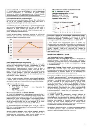 12
Serão investidos R$ 11 milhões para Restaurantes Populares, R$
4,5 milhões para o Banco de Alimentos e R$ 14,6 milhões para as
Cozinhas Comunitárias. A manutenção e gestão desses
equipamentos públicos de segurança alimentar e nutricional serão
de responsabilidades das Prefeituras ou governos estaduais.
Concentração de Renda – Coeficiente Gini
Desenvolvido pelo matemático italiano Corrado Gini, o Coeficiente
de Gini é um parâmetro internacional usado para medir a
desigualdade de distribuição de renda entre os países.
O coeficiente varia entre 0 e 1, sendo que quanto mais próximo do
zero menor é a desigualdade de renda num país, ou seja, melhor a
distribuição de renda. Quanto mais próximo do um, maior a
concentração de renda num país. O índice Gini é apresentado em
pontos percentuais (coeficiente x 100).
O Índice de Gini do Brasil o terceiro pior do mundo em 2010, o que
demonstra que nosso país, apesar da melhora dos últimos anos,
ainda tem uma alta concentração de renda.
Índice de Desenvolvimento Humano (IDH)
É uma medida comparativa usada para classificar os países pelo
seu grau de "desenvolvimento humano" e para separar os países
desenvolvidos (muito alto desenvolvimento humano), em
desenvolvimento (desenvolvimento humano médio e alto) e
subdesenvolvidos (desenvolvimento humano baixo).Todo ano, os
países membros da ONU são classificados de acordo com essas
medidas. O IDH também é usado por organizações locais ou
empresas para medir o desenvolvimento de entidades subnacionais
como estados, cidades, aldeias, etc.
O índice foi desenvolvido em 1990 pelos economistas Amartya Sen
e Mahbub ul Haq, e vem sendo usado desde 1993 pelo Programa
das Nações Unidas para o Desenvolvimento no seu relatório anual.
O IDH combina três dimensões:
Expectativa de vida ao nascer
Anos Médios de Estudo e Anos Esperados de
Escolaridade
PIB (PPC) per capita
Mudança de metodologia em 2010 do IDH-ONU
No antigo IDH, os países eram classificados no intervalo de 0 a 1.
Quanto mais próximo de 1, mais desenvolvido o país. Quanto mais
próximo de zero, menos desenvolvido. A partir de 2010, dividiu-se o
ranking de 169 países em quatro partes – os de desenvolvimento
humano muito alto são a parcela de 25% que está no topo da tabela;
os de alto desenvolvimento são os 25% seguintes; os de médio,
outros 25%; e os de baixo desenvolvimento, os 25% últimos.
Em 2010 o IDH brasileiro foi de 0,699, numa escala de 0 a 1. Em
2009, com a metodologia antiga, o Brasil ocupava a 75ª posição no
ranking, com IDH de 0,813.
Segundo o relatório deste ano, o IDH do Brasil apresenta "tendência
de crescimento sustentado ao longo dos anos". Mesmo com a
adoção da nova metodologia, o Brasil continua situado entre os
países de alto desenvolvimento humano, como em 2009.
Cerca de 16,2 milhões de brasileiros são extremamente pobres
Equivalente a 8,5% da população. A estimativa é do Instituto
Brasileiro de Geografia e Estatística (IBGE) a partir da linha de
extrema pobreza definida pelo governo federal em abril de 2011.
A linha estipula como extremamente pobre as famílias cuja
renda per capita seja de até R$ 70. Esse parâmetro será usado para
a elaboração das políticas sociais, como o Plano Brasil sem Miséria,
que deve ser lançado em breve pelo Ministério do Desenvolvimento
Social e Combate à Fome (MDS). De acordo com a ministra do
MDS, Tereza Campello, o valor definido é semelhante ao estipulado
pelas Nações Unidas.
MERCADO DE TRABALHO E RENDA
Três componentes formam o desemprego:
Desemprego cíclico ou conjuntural: Aquele que acompanha os
ciclos de recessão e crescimento. É aquele em que a demissão é
ocasionada, na maioria das vezes, por crises passageiras. Portanto
a demissão é temporária, uma vez que, superada a crise, o emprego
é novamente ofertado.
Desemprego friccional: Aquele causado por trocas de emprego.
Pode-se dizer que seja normal, pois, sempre haverá pessoas
procurando emprego para melhorar de função ou porque teve algum
desentendimento no emprego anterior. É um desemprego que
ocorre durante o funcionamento normal da economia.
Desemprego estrutural: Ocorre quando há um descasamento entre
a habilidade dos trabalhadores e a demanda de especialidades na
economia. O desemprego causado pelas novas tecnologias, como a
robótica e a informática, recebe o nome de desemprego estrutural.
Ele não é resultado de uma crise econômica, e sim das novas
formas de organização do trabalho e da produção. Quando o
desemprego cíclico é nulo diz-se que a economia está na sua taxa
natural de desemprego. Essa taxa dá a noção de pleno emprego
desenvolvida pelos economistas. A idéia é que a economia precisa
de algum desemprego friccional para que os trabalhadores e as
empresas estabeleçam a junção ideal entre capacidade e função.
Conceito de Desemprego
O conceito clássico de desemprego, também chamado de
desemprego aberto, identifica como tal a situação em que,
simultaneamente, durante o período de referência da pesquisa, uma
pessoa de determinada faixa etária não está trabalhando, mas está
disponível para trabalhar e procurou emprego remunerado ou
trabalho por conta própria. Identificadas as pessoas nessas
condições, disso resulta uma taxa de desemprego, calculada como
porcentagem da população economicamente ativa.
Há também o "desemprego oculto", a qual inclui as pessoas que têm
um trabalho precário e outras, as chamadas desalentadas, que
desistiram de procurar trabalho por não encontrá-lo.
 