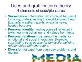 Uses and gratifications theory
         4 elements of uses/pleasures
• Surveillance: Information which could be useful
  for living, understanding the world around them.
  Example: weather reports, financial news,
  holiday bargains
• Personal identity: finding yourself reflected in
  texts, learning behaviour and values from texts
• Personal relationships: using the media for
  emotional and social interaction. Example:
  substituting soap operas for family life, building
  relationships with characters.
• Diversion: escape from everyday problems and
  routine.
 