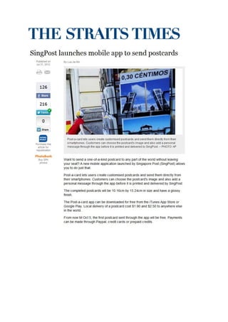 1 aug st sing_post launches mobile app to send postcards
