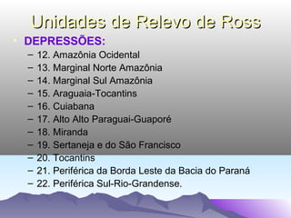 Unidades de Relevo de Ross
• DEPRESSÕES:
–
–
–
–
–
–
–
–
–
–
–

12. Amazônia Ocidental
13. Marginal Norte Amazônia
14. Marginal Sul Amazônia
15. Araguaia-Tocantins
16. Cuiabana
17. Alto Alto Paraguai-Guaporé
18. Miranda
19. Sertaneja e do São Francisco
20. Tocantins
21. Periférica da Borda Leste da Bacia do Paraná
22. Periférica Sul-Rio-Grandense.

 