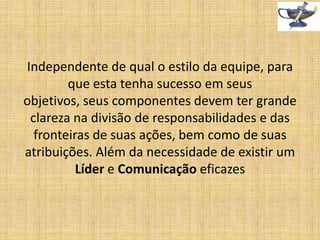 Independente de qual o estilo da equipe, para
que esta tenha sucesso em seus
objetivos, seus componentes devem ter grande
clareza na divisão de responsabilidades e das
fronteiras de suas ações, bem como de suas
atribuições. Além da necessidade de existir um
Líder e Comunicação eficazes

 