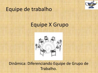 Equipe de trabalho
Equipe X Grupo

Dinâmica: Diferenciando Equipe de Grupo de
Trabalho.

 
