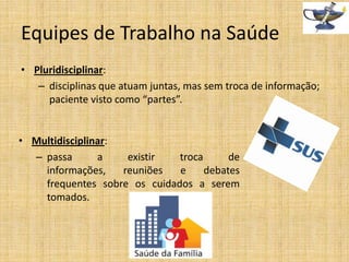 Equipes de Trabalho na Saúde
• Pluridisciplinar:
– disciplinas que atuam juntas, mas sem troca de informação;
paciente visto como “partes”.

• Multidisciplinar:
– passa
a
existir
troca
de
informações,
reuniões
e
debates
frequentes sobre os cuidados a serem
tomados.

 