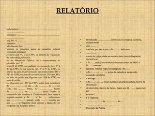 RELATÓRIO
Indiciado(s): ....................................................................
..............................
Vítima(s): ........................................................................
..............................
Inq. Pol. nº ..... / .....
Natureza: ........................................
Meritíssimo Juiz
Versam os presentes autos de inquérito policial
instaurado mediante
portaria (art. 5º, I, do CPP), ou através de requisição
da autoridade judiciária,
ou do Ministério Público, ou a requerimento do
ofendido, (art. 5º,
nciso II, do CPP), ou mediante representação (art. 5º, §
4º, do CPP), ou por petição (art. 5º § 5º, do CPP), ou
através de auto de apresentação espontânea (arts. 185 e
317 do CPP), ou auto de resistência (art. 292 do CPP),
ou auto de prisão em flagrante (art. 304 do CPP), ou
auto de prisão
em flagrante (art. 307 do CPP), sobre uma ocorrência
de ......................, no dia .... de ............... de ....., por
volta das .......... horas, na ...................., bairro
de ...................., em ...................., neste Estado. A
testemunha (ou condutor e 1ª testemunha), bem como a
segunda,ouvidas a fls. ..... e fls. ....., informaram
que ......................., quando então .........., ocasião em
que .......... (se flagrante, fazer constar a dação de voz
em prisão em flagrante delito).

•
•
•
•
•
•
•
•
•
•
•
•
•
•
•
•

O indiciado ...................... confessou (ou negou) a autoria, 
esclarecendo
que .......... .
A vítima, por seu turno, a fls. .......... informou .......................
................. .
A nota de culpa, dada ao autuado (em caso de flagrante) 
encontra-se
a fls. ....., seu(s) terminal(ais) de computador de IIRGD a 
fls. ....., exames
(pericial, médico-legal, toxicológico) a fls. .... .
A fls. ....., ....., ....., ....., autos de exibição e apreensão, 
avaliação, depósito
e entrega.
A fls. ....., ....., ....., foram juntados alvará de soltura, termo de 
declaração
de domicílio e termo de fiança, fixada em R$ .......... (quantum
por
extenso).
É o relatório.
...................., ..... de .................... de .....
................................................
Delegado de Polícia

 