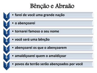 Bênção e Abraão
1 • farei de você uma grande nação
2 • o abençoarei
3 • tornarei famoso o seu nome
4 • você será uma bênção
5 • abençoarei os que o abençoarem
6 • amaldiçoarei quem o amaldiçoar
7 • povos da terrão serão abençoados por você
 