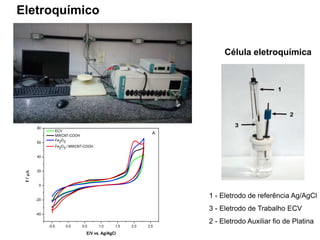 1 - Eletrodo de referência Ag/AgCl
3 - Eletrodo de Trabalho ECV
2 - Eletrodo Auxiliar fio de Platina
Célula eletroquímica
-0.5 0.0 0.5 1.0 1.5 2.0 2.5
-40
-20
0
20
40
60
80
I
/

E/V vs. Ag/AgCl
ECV
MWCNT-COOH
Fe2O3
Fe2O3 / MWCNT-COOH
A
Eletroquímico
 