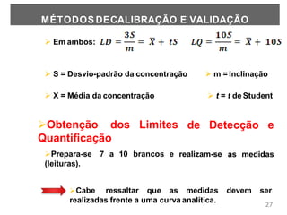  Em ambos:
 S = Desvio-padrão da concentração  m = Inclinação
 X = Média da concentração  t = t de Student
de Detecção e
realizam-se as medidas
Obtenção dos Limites
Quantificação
Prepara-se 7 a 10 brancos e
(leituras).
devem ser
Cabe ressaltar que as medidas
realizadas frente a uma curva analítica.
27
MÉTODOS DECALIBRAÇÃO E VALIDAÇÃO
 