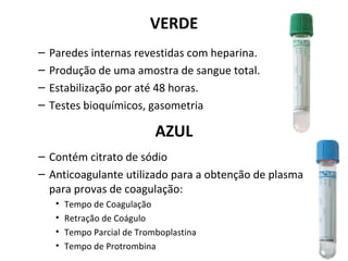 VERDE
– Paredes internas revestidas com heparina.
– Produção de uma amostra de sangue total.
– Estabilização por até 48 horas.
– Testes bioquímicos, gasometria
AZUL
– Contém citrato de sódio
– Anticoagulante utilizado para a obtenção de plasma
para provas de coagulação:
• Tempo de Coagulação
• Retração de Coágulo
• Tempo Parcial de Tromboplastina
• Tempo de Protrombina
 