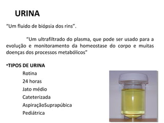 URINA
“Um fluido de biópsia dos rins”.
“Um ultrafiltrado do plasma, que pode ser usado para a
evolução e monitoramento da homeostase do corpo e muitas
doenças dos processos metabólicos”
•TIPOS DE URINA
Rotina
24 horas
Jato médio
Cateterizada
AspiraçãoSuprapúbica
Pediátrica
 