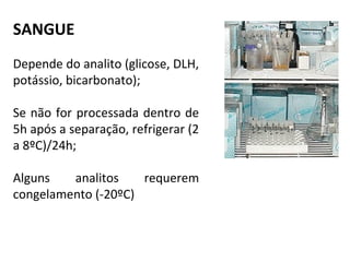 SANGUE
Depende do analito (glicose, DLH,
potássio, bicarbonato);
Se não for processada dentro de
5h após a separação, refrigerar (2
a 8ºC)/24h;
Alguns analitos requerem
congelamento (-20ºC)
 