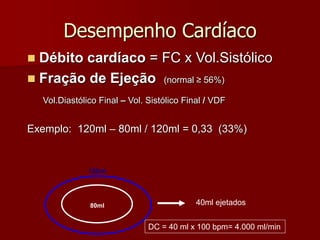 Desempenho Cardíaco
 Débito cardíaco = FC x Vol.Sistólico
 Fração de Ejeção (normal ≥ 56%)
Vol.Diastólico Final – Vol. Sistólico Final / VDF
Exemplo: 120ml – 80ml / 120ml = 0,33 (33%)
120ml
80ml 40ml ejetados
DC = 40 ml x 100 bpm= 4.000 ml/min
 