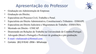 Apresentação do Professor
• Graduação em Administração de Empresas
• Graduação em Direito;
• Especialista em Processo Civil, Trabalho e Penal.
• Especialista em Direito Administrativo, Constitucional e Tributário - ESMAPE.
• Especialista em Direito Judiciário e Magistratura do Trabalho - ESMATRA.
• Mestrado em Direito - UNICAP.
• Doutorando em Relações de Trabalho na Universidade de Coimbra/Portugal.
• Advogado (Brasil e Portugal) e Professor de graduação e pós graduação.
• E-mail: vitalianoadv@Hotmail.com
• Contato: (81) 9 9142 -2956 – Whatsapp
 