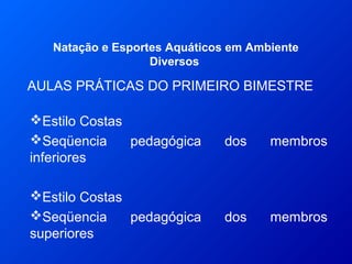 AULAS PRÁTICAS DO PRIMEIRO BIMESTRE
Natação e Esportes Aquáticos em Ambiente
Diversos
Estilo Costas
Seqüencia pedagógica dos membros
inferiores
Estilo Costas
Seqüencia pedagógica dos membros
superiores
 