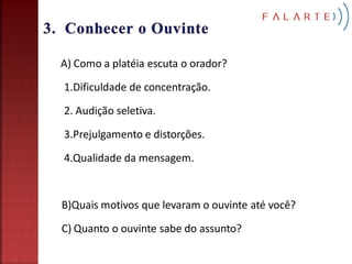 A) Como a platéia escuta o orador?

1.Dificuldade de concentração.

2. Audição seletiva.

3.Prejulgamento e distorções.

4.Qualidade da mensagem.


B)Quais motivos que levaram o ouvinte até você?

C) Quanto o ouvinte sabe do assunto?
 