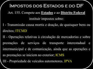 IMPOSTOS DOS ESTADOS E DO DF
Art. 155. Compete aos Estados e ao Distrito Federal
instituir impostos sobre:
I - Transmissão causa mortis e doação, de quaisquer bens ou
direitos; ITCMD
II - Operações relativas à circulação de mercadorias e sobre
prestações de serviços de transporte interestadual e
intermunicipal e de comunicação, ainda que as operações e
as prestações se iniciem no exterior; ICMS
III - Propriedade de veículos automotores. IPVA
 