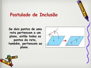 Postulado de Inclusão
Se dois pontos de uma
reta pertencem a um
plano, então todos os
pontos da reta,
também, pertencem ao
plano.
 