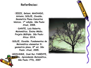 Referências:
•IEZZI, Gelson; MACHADO,
Antonio; DOLCE, Osvaldo.
Geometria Plana-Conceitos
básicos. 1ª edição. São Paulo:
Atual, 2008.
• DANTE, Luiz Roberto.
Matemática. Ensino Médio.
Projeto Múltiplo. São Paulo:
Ática: 2014.
•DOLCE, Osvaldo. Fundamentos de
Matemática elementar 9:
geometria plana. 8ª ed. São
Paulo: Atual, 2005.
•GIOVANNI, José Rui; PARENTE,
Eduardo. Aprendendo Matemática.
São Paulo: FTD, 2007
 