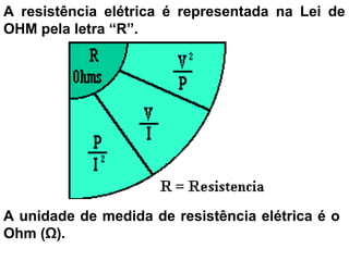 A resistência elétrica é representada na Lei de
OHM pela letra “R”.
A unidade de medida de resistência elétrica é o
Ohm (Ω).
 