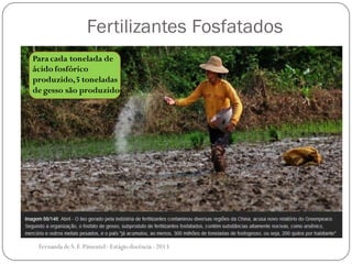Fertilizantes Fosfatados
Para cada tonelada de
ácido fosfórico
produzido,5 toneladas
de gesso são produzidos
Fernanda de S.F.Pimentel - Estágio docência - 2013
 