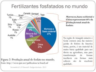 Fertilizantes fosfatados no mundo
Marrocos,Saara ocidental e
Chinarepresentam 64% da
produçãototal atual de
fosfato.
Na região de triangulo mineiro e
Goiás existem uma das maiores
jazidas de fósforo da America
latina, porém, é um material de
muito baixa qualidade para uso
direto na agricultura, mas para
transformação de formas
insolúveis em formas mais
solúveis são de excelente
qualidade.
Figura 2: Produção anual de fosfato no mundo.
Fonte:http://www.ipni.net/publication/ai-brasil.nsf
Fernanda de S.F.Pimentel - Estágio docência - 2013
 