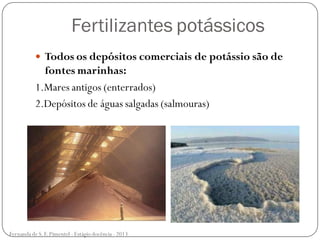 Fertilizantes potássicos
 Todos os depósitos comerciais de potássio são de
fontes marinhas:
1.Mares antigos (enterrados)
2.Depósitos de águas salgadas (salmouras)
Fernanda de S.F.Pimentel - Estágio docência - 2013
 