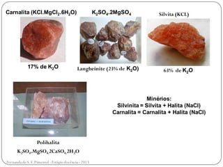 Carnalita (KCl.MgCl2.6H2O)
17% de K2O
K2SO4.2MgSO4
Langbeinite (23% de K2O)
Silvita (KCL)
63% de K2O
Polihalita
K2SO4.MgSO4.2CaSO4.2H2O
Minérios:
Silvinita = Silvita + Halita (NaCl)
Carnalita = Carnalita + Halita (NaCl)
Fernanda de S.F.Pimentel - Estágio docência - 2013
 