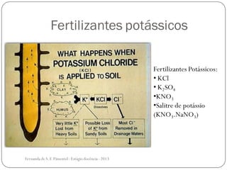 Fertilizantes potássicos
Fertilizantes Potássicos:
• KCl
• K2SO4
•KNO3
•Salitre de potássio
(KNO3.NaNO3)
Fernanda de S.F.Pimentel - Estágio docência - 2013
 