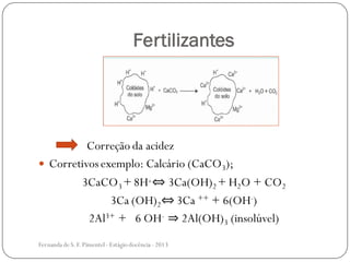 Fertilizantes
Correção da acidez
 Corretivosexemplo: Calcário (CaCO3);
3CaCO3 + 8H+⇔ 3Ca(OH)2 + H2O + CO2
3Ca (OH)2⇔ 3Ca ++ + 6(OH-)
2Al3+ + 6 OH- ⇒ 2Al(OH)3 (insolúvel)
Fernanda de S.F.Pimentel - Estágio docência - 2013
 