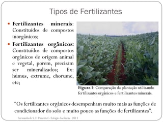 Tipos de Fertilizantes
 Fertilizantes minerais:
Constituídos de compostos
inorgânicos;
 Fertilizantes orgânicos:
Constituídos de compostos
orgânicos de origem animal
e vegetal, porem, precisam
ser mineralizados; Ex:
húmus, extrume, chorume,
etc;
“Os fertilizantes orgânicos desempenham muito mais as funções de
condicionador do solo e muito pouco as funções de fertilizantes”.
Figura1: Comparação da plantação utilizando
fertilizantesorgânicos e fertilizantes minerais.
Fernanda de S.F.Pimentel - Estágio docência - 2013
 