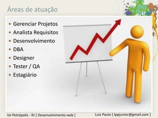 Áreas de atuação
 Gerenciar Projetos
 Analista Requisitos
 Desenvolvimento
 DBA
 Designer
 Tester / QA
 Estagiário




Ist-Petrópolis - RJ [ Desenvolvimento web ]   Luiz Paulo [ lppjunior@gmail.com ]
 