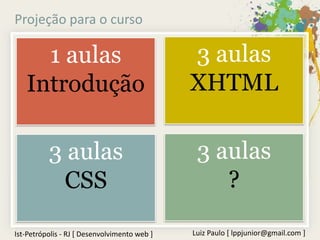 Projeção para o curso

     1 aulas                                  3 aulas
   Introdução                                 XHTML

          3 aulas                              3 aulas
           CSS                                    ?

Ist-Petrópolis - RJ [ Desenvolvimento web ]   Luiz Paulo [ lppjunior@gmail.com ]
 