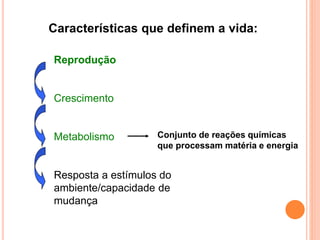 Reprodução
Crescimento
Metabolismo
Resposta a estímulos do
ambiente/capacidade de
mudança
Características que definem a vida:
Conjunto de reações químicas
que processam matéria e energia
 