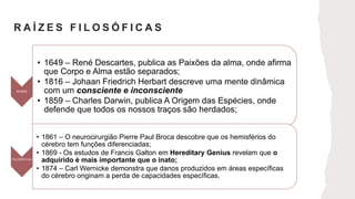 R A Í Z E S F I L O S Ó F I C A S
RAIZES
• 1649 – René Descartes, publica as Paixões da alma, onde afirma
que Corpo e Alma estão separados;
• 1816 – Johaan Friedrich Herbart descreve uma mente dinâmica
com um consciente e inconsciente
• 1859 – Charles Darwin, publica A Origem das Espécies, onde
defende que todos os nossos traços são herdados;
FILOSÓFICAS
• 1861 – O neurocirurgião Pierre Paul Broca descobre que os hemisférios do
cérebro tem funções diferenciadas;
• 1869 - Os estudos de Francis Galton em Hereditary Genius revelam que o
adquirido é mais importante que o inato;
• 1874 – Carl Wernicke demonstra que danos produzidos em áreas específicas
do cérebro originam a perda de capacidades específicas.
 